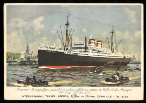 Künstler-AK Passagierschiff Orinoco der Hamburg-Amerika Linie bei Ausfahrt aus dem Hamburger Hafen