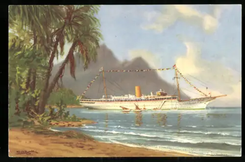 Künstler-AK Passagierschiff Stella Polaris vor einer tropischen Küste