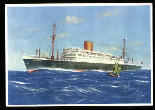 AK Passagierschiff Scharnhorst des Norddeutschen Lloyd Bremen hohe Fahrt laufend, im Vordergrund Dschunke