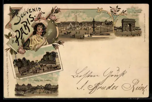 Lithographie Paris, Place de la Concorde, Arc de Triomphe, Jardin des Tuileries