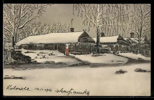 AK Kolowce, Verschneite Dorfansicht mit Holzhäusern