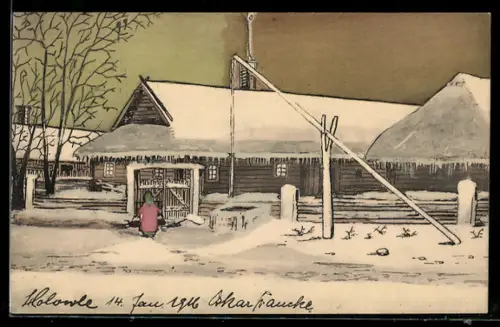 AK Kolowce, Verschneites Dorf mit Holzhäusern und Zaun