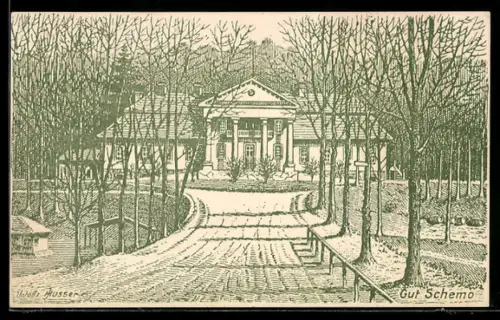 Künstler-AK Schemo, Gutshaus mit Zufahrt und Baumallee