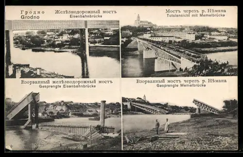 AK Grodno, Gesprengte Eisenbahnbrücke