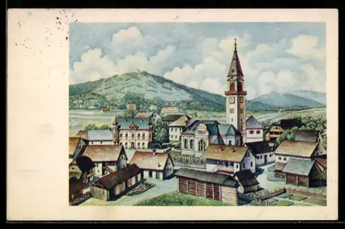 Künstler-AK Joze Karlovsek: Smarjeta, Dolenjskem, Ortsansicht mit Kirche