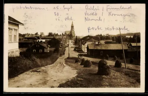 AK Kurkijoki, Dorfstrasse mit Kirche und Heuschobern