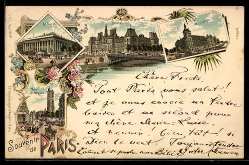 Lithographie Paris, Hôtel de Ville, La Bourse, Palais de Justice