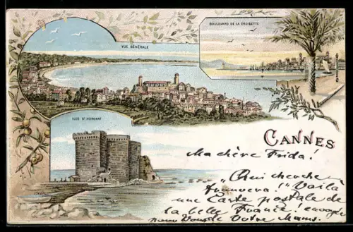 Lithographie Cannes, Boulevard de la Croisette, Vue générale, Iles St. Honorat