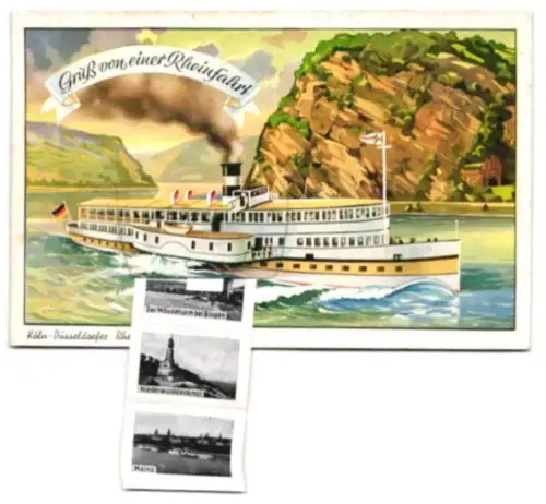 Leporello-AK Köln, Rheindampfschiff auf der Route nach Düsseldorf, Ehrenbreitstein, Schloss Stolzenfels, Drachenfels