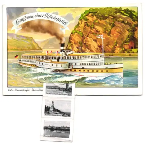 Leporello-AK Köln, Rheindampfschiff auf der Route nach Düsseldorf, Loreley, Pfalz bei Kaub, Schloss Stolzenfels