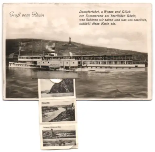 Leporello-AK Bingen a. Rh., Binnendampfschiff Vaterland auf dem Rhein, Ehrenfels, Nationaldenkmal, Rheinstein