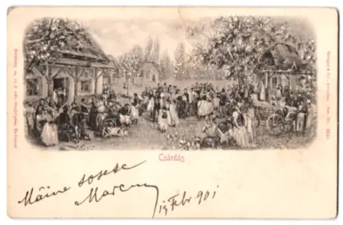 Relief-AK Csárdás, Menschen beim Volkstanz