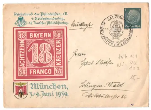 Dekorativer Brief München, Reichsbund der Philatelisten e. V., 4. Reichsbundestag, 45. Philatelistentag, Ganzsache