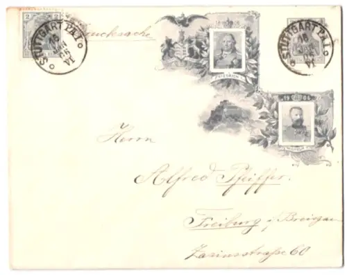 Dekorativer Brief Württemberg, Friedrich I. und Wilhelm II. im Porträt, Wappen, Ganzsache