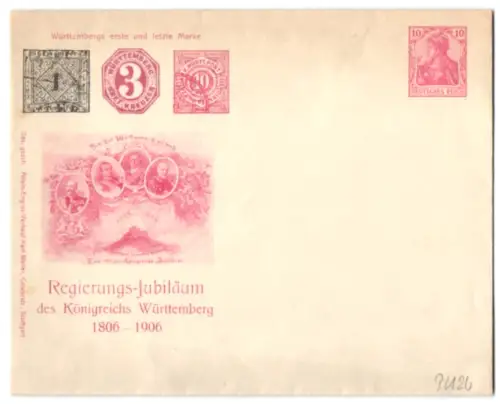 Dekorativer Brief Württemberg, Regierungs-Jubiläum 1906, Württembergs erste und letzte Marke, Ganzsache