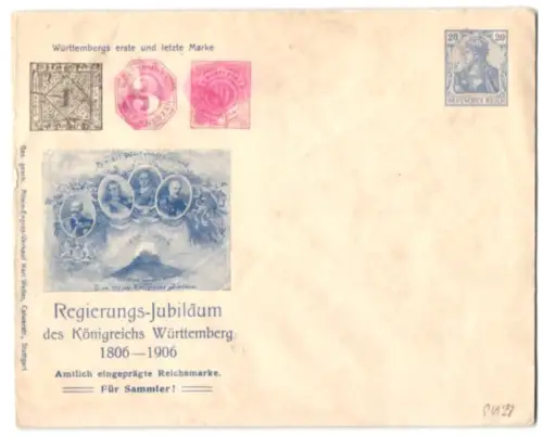 Dekorativer Brief Württemberg, Regierungs-Jubiläum 1906, Württembergs erste und letzte Marke, Ganzsache