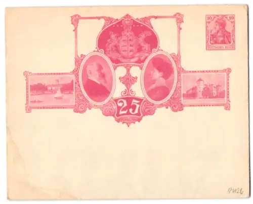 Dekorativer Brief Württemberg, Wilhelm von Württemberg im Porträt, Wappen, Schlossansichten, Ganzsache