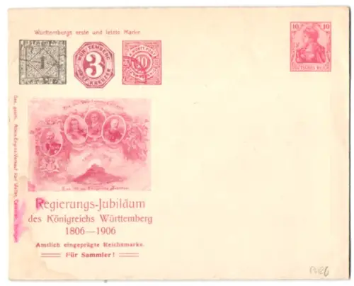 Dekorativer Brief Württemberg, Regierungsjubiläum 1906, Wilhelm II., Wilhelm I., Karl I., Ganzsache
