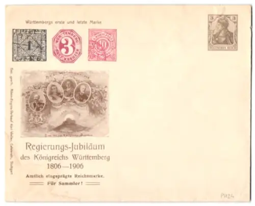 Dekorativer Brief Württemberg, Regierungsjubiläum 1906, Württembergs erste und letzte Marke, Ganzsache