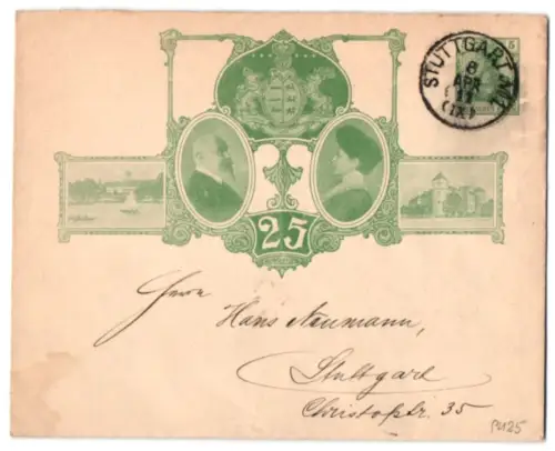 Dekorativer Brief Württemberg, Wilhelm von Württemberg, Schloss und Wappen, Ganzsache