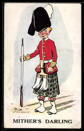 Künstler-AK Schottischer Soldat mit Pelzmütze und Gewehr