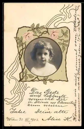 Foto-Collage-AK Aufmontiertes Portrait eines kleinen Mädchens