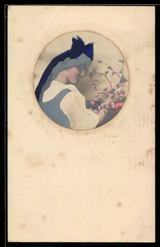 Foto-Collage-AK Aufmontiertes Portrait einer jungen Frau mit Blüten