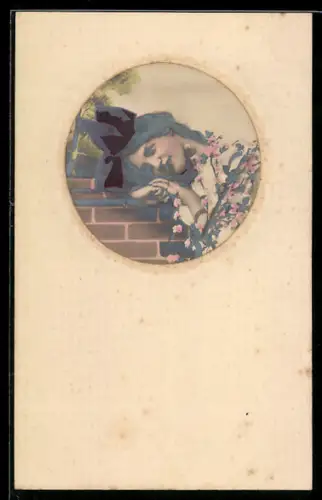 Foto-Collage-AK Aufmontiertes Portrait einer jungen Frau mit rosafarbenen Blüten