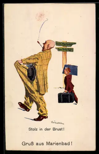 AK Marienbad, Kurierter Herr auf dem Weg zum Bahnhof