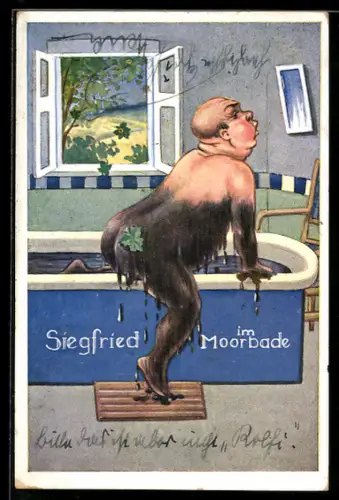 AK Herr steigt aus einer Badewanne nach einem Moorbad