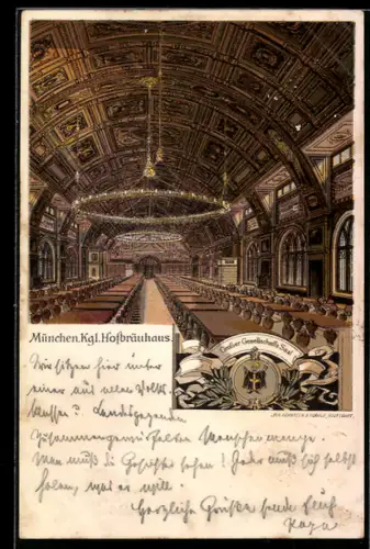 Lithographie Münchner Hofbräuhaus, Grosser Gesellschafts Saal