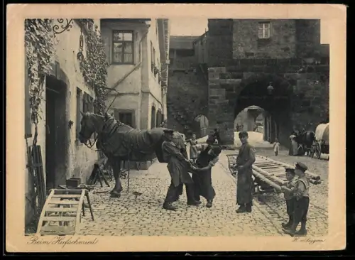 AK Hufschmied beim Beschlagen von Pferdehufen