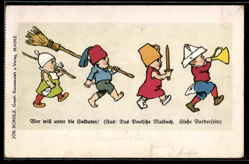 AK Kinder beim Soldatenspiel, entnommen aus dem Deutschen Malbuch