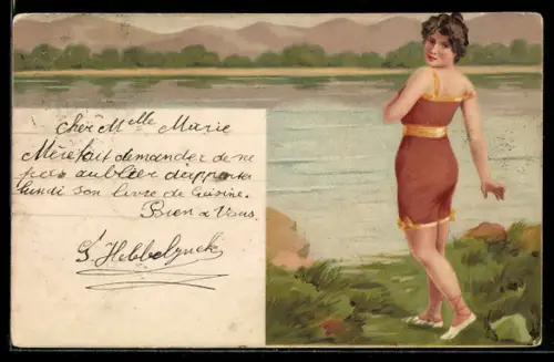 AK Junge Frau im Badeanzug an Seeufer