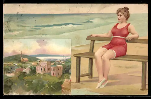 AK Junge Frau im roten Badeanzug am Meeresufer