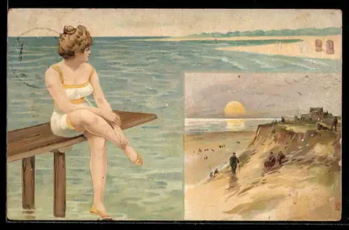 AK Junge Frau im Badeanzug auf einem Seesteg am Meeresufer