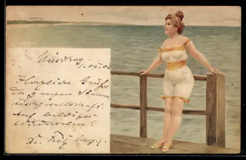 Lithographie Bezaubernde Dame in Badeanzug