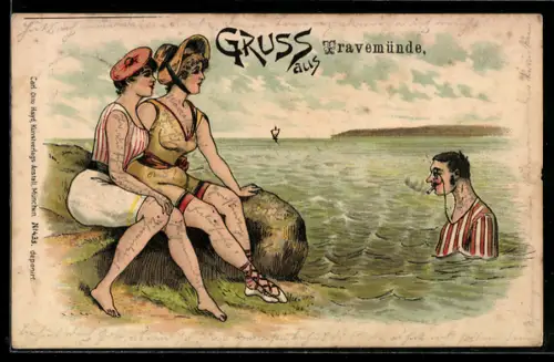 Lithographie Travemünde, Frauen in Badeanzügen am Ostseestrand und Herr mit Zigarette im Wasser