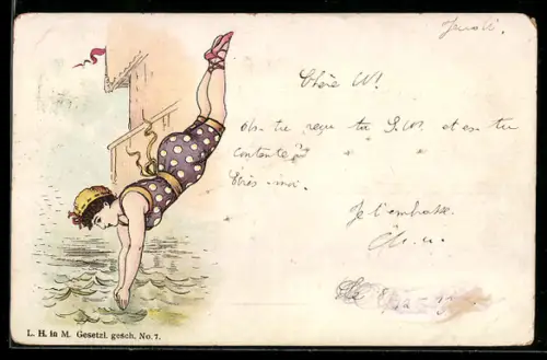 AK Frau im Badeanzug springt kopfüber in das Wasser