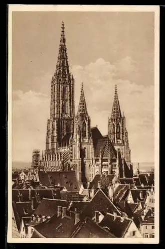 AK Ulm a. D., Blick über die Dächer zum Münster, Ganzsache WHW Winterhilfswerk