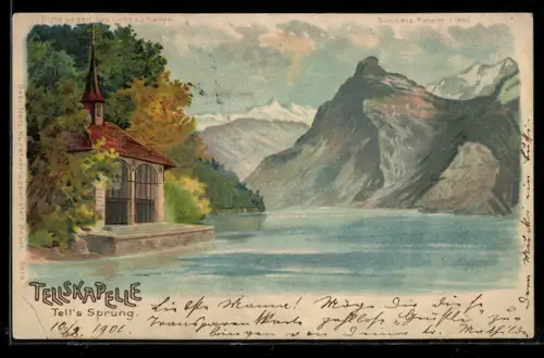 Lithographie Tellskapelle, Tell`s Sprung bei Halt gegen das Licht