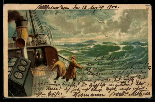 Lithographie Rettungswesen zur See, Wrack in Sicht bei Halt gegen das Licht