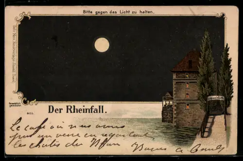 Lithographie Rheinfall, Mann fällt in eine Pfütze bei Halt gegen das Licht