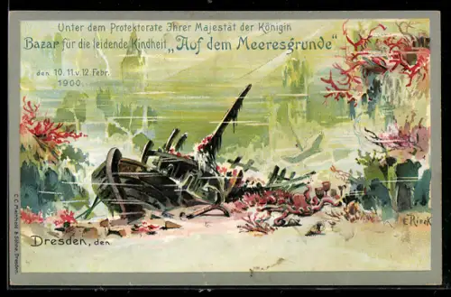 Lithographie Bazar für die leidende Kindheit Auf dem Meeresgrunde, Wrack unter Wasser, Ganzsache