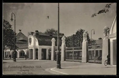 AK München, Ausstellung 1908, Am Eingang, Ganzsache Bayern