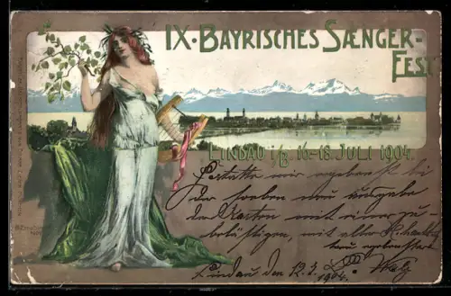 AK Lindau i. B., IX. Bayrisches Sängerfest 1904, Sängerin mit Harfe, Ganzsache Bayern