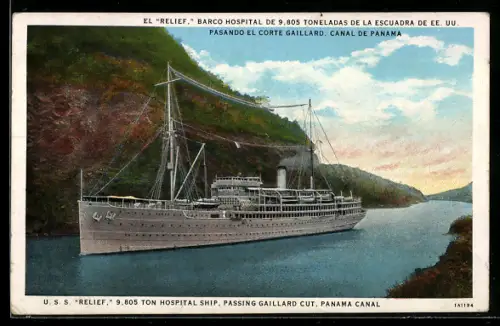 AK Lazarettschiff USS Relief, Hospital Ship, Passing Gaillard Cut, Panama Canal, Rotes Kreuz