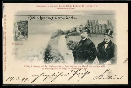 AK Ludwig II. und Dr. Guddens bei seinem letzten Spaziergang 1886 im Schlosspark, Private Stadtpost
