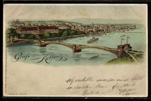 Lithographie Koblenz, Brückenansicht, Leuchtende Mondsichel bei Halt gegen das Licht