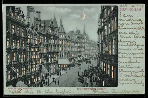 AK Birmingham, Corporation Street, Leuchtende Fenster und Mondsichel bei Halt gegen das Licht